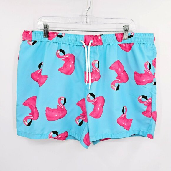 Asos Swim Shorts 2XL Blue Pink Flamingo Print Unlined Pockets Elastic Waist Tie - Picture 1 of 12